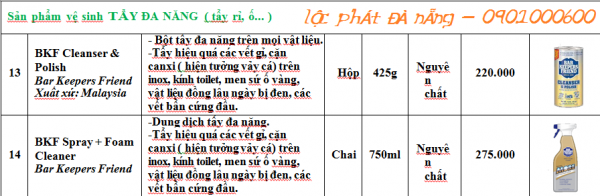 Sản phẩm vệ sinh TẨY ĐA NĂNG ( tẩy rỉ, ố... ).